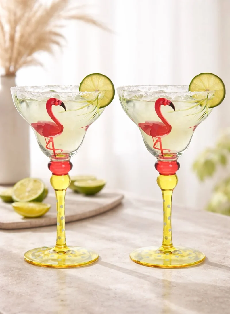 1Chase Clear Hand Painted Margarita Glasses Moroccan Collection, Flamingo Design 270ML Set of 2, Artisan Decorative Cocktail Glassware, Unique Kitchen Table Décor Glasses  | Best Price UAE